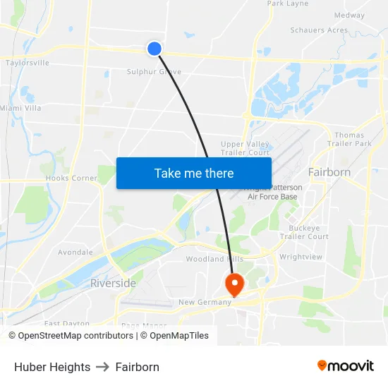 Huber Heights to Fairborn map