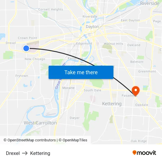 Drexel to Kettering map