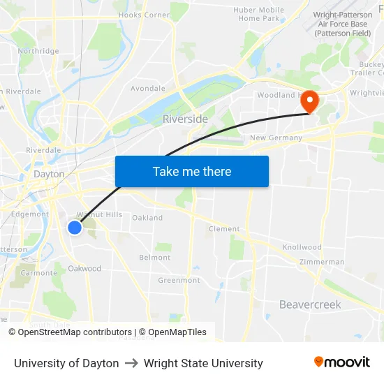 University of Dayton to Wright State University map