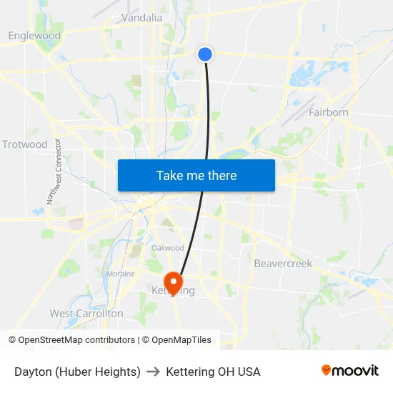 Dayton (Huber Heights) to Kettering OH USA map