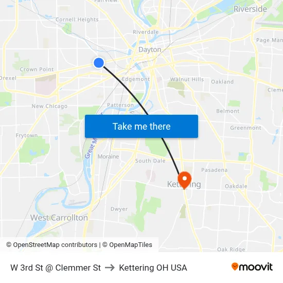 W 3rd St @ Clemmer St to Kettering OH USA map