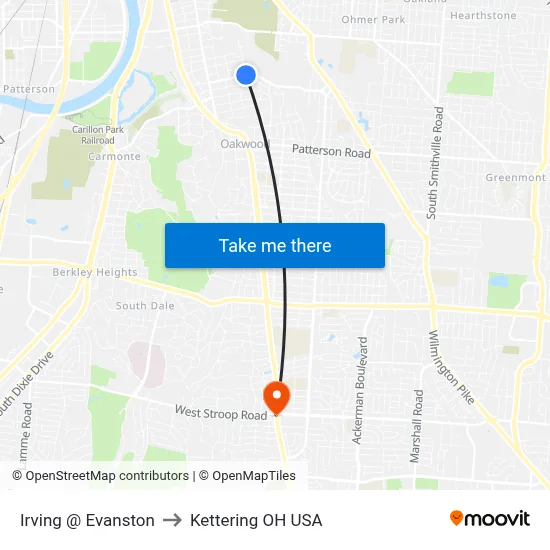 Irving @ Evanston to Kettering OH USA map