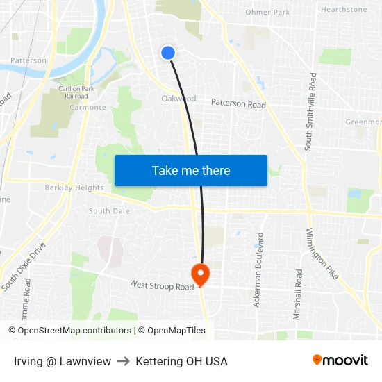 Irving @ Lawnview to Kettering OH USA map