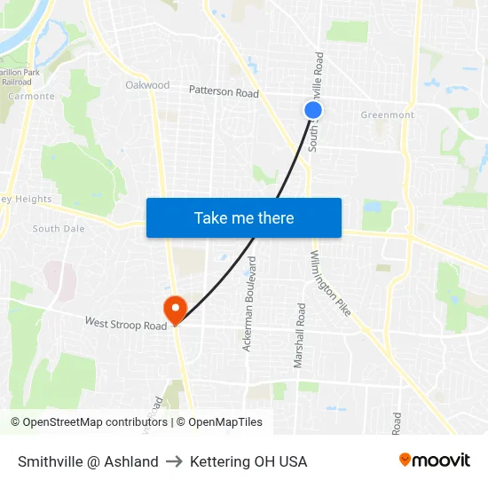 Smithville @ Ashland to Kettering OH USA map