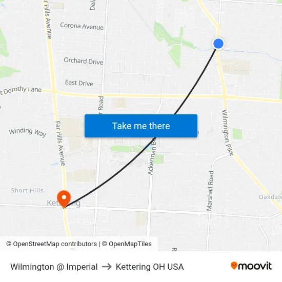Wilmington @ Imperial to Kettering OH USA map