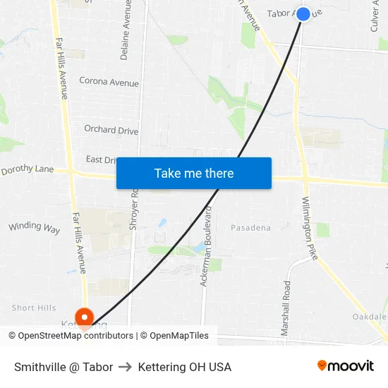 Smithville @ Tabor to Kettering OH USA map