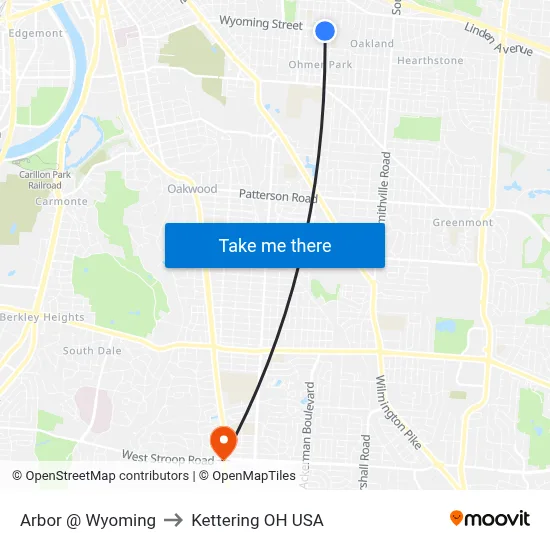 Arbor @ Wyoming to Kettering OH USA map