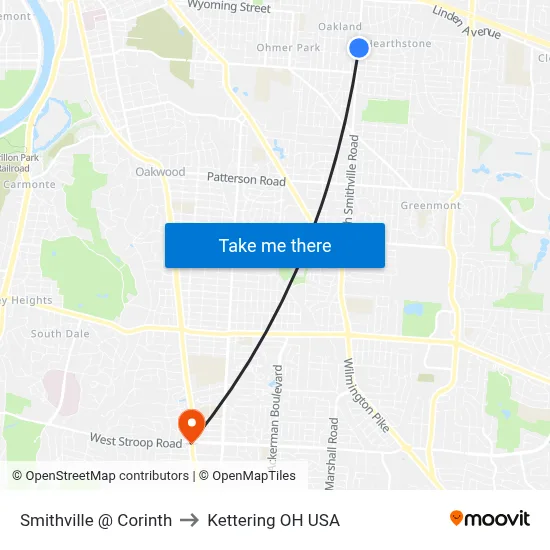 Smithville @ Corinth to Kettering OH USA map