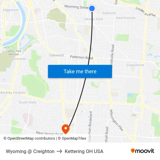 Wyoming @ Creighton to Kettering OH USA map
