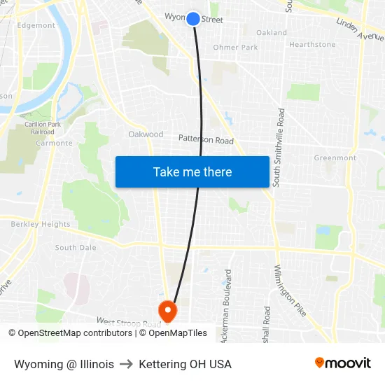 Wyoming @ Illinois to Kettering OH USA map