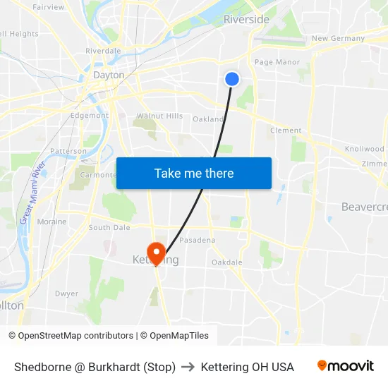Shedborne @ Burkhardt (Stop) to Kettering OH USA map