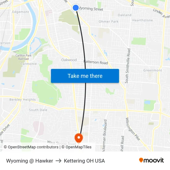 Wyoming @ Hawker to Kettering OH USA map