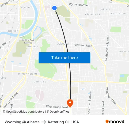 Wyoming @ Alberta to Kettering OH USA map