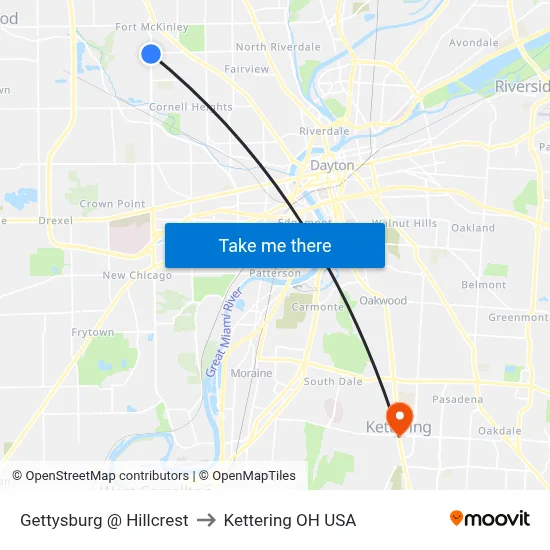 Gettysburg @ Hillcrest to Kettering OH USA map