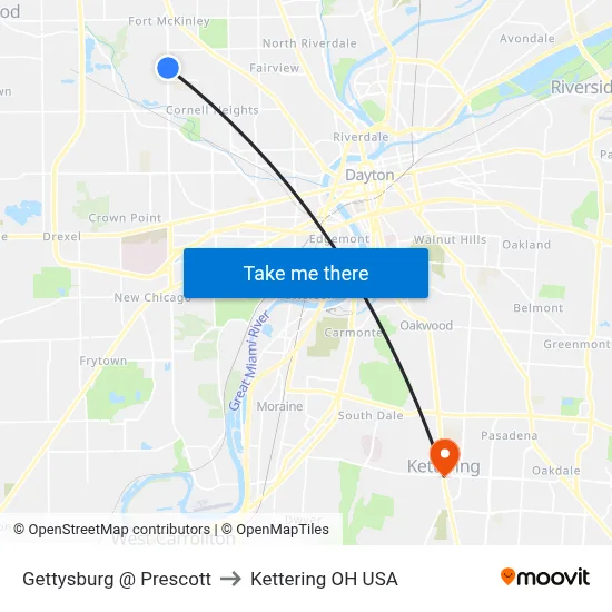 Gettysburg @ Prescott to Kettering OH USA map