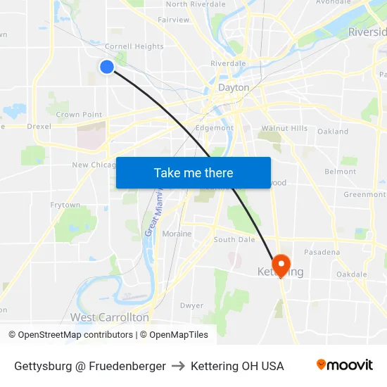 Gettysburg @ Fruedenberger to Kettering OH USA map