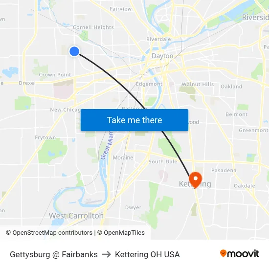 Gettysburg @ Fairbanks to Kettering OH USA map
