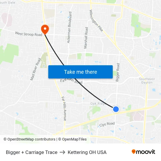 Bigger + Carriage Trace to Kettering OH USA map