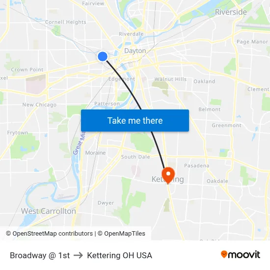 Broadway @ 1st to Kettering OH USA map