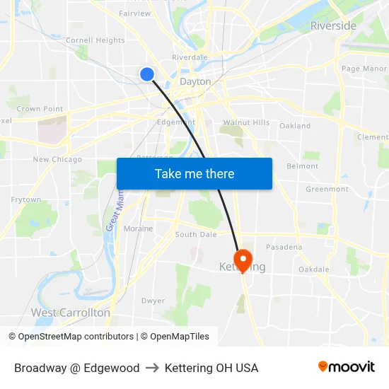 Broadway @ Edgewood to Kettering OH USA map