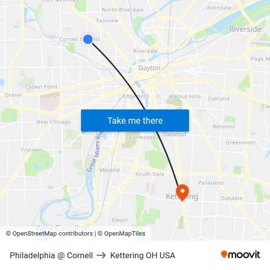 Philadelphia @ Cornell to Kettering OH USA map