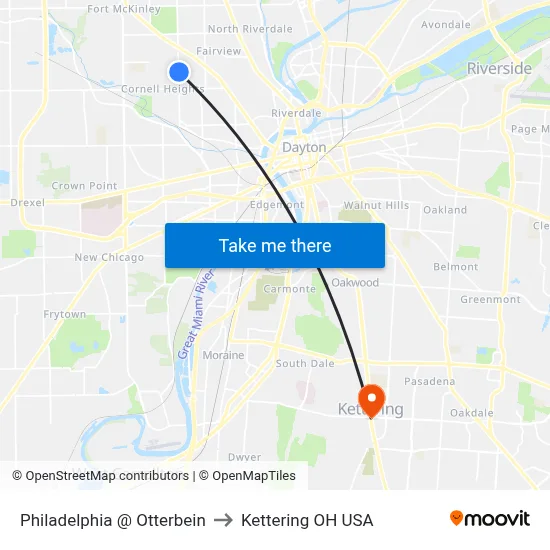 Philadelphia @ Otterbein to Kettering OH USA map