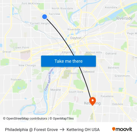 Philadelphia @ Forest Grove to Kettering OH USA map