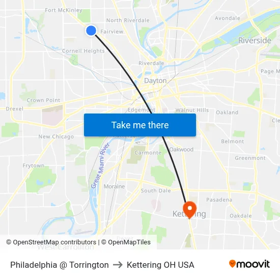 Philadelphia @ Torrington to Kettering OH USA map