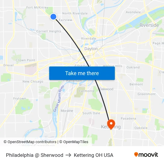 Philadelphia @ Sherwood to Kettering OH USA map