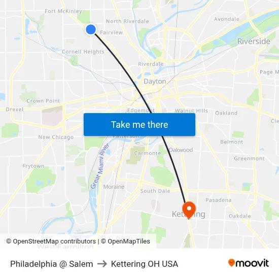 Philadelphia @ Salem to Kettering OH USA map