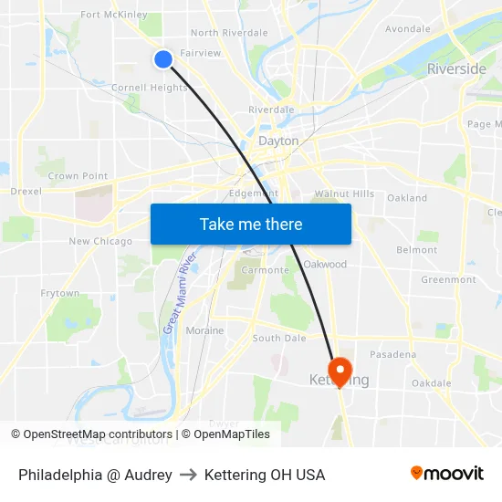 Philadelphia @ Audrey to Kettering OH USA map