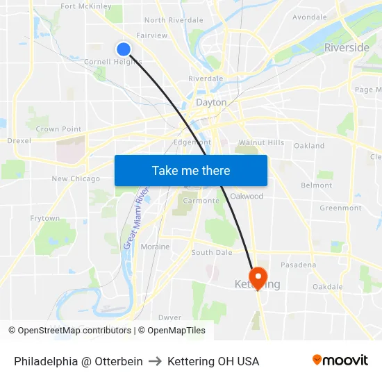 Philadelphia @ Otterbein to Kettering OH USA map