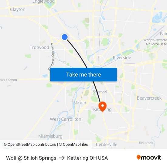 Wolf @ Shiloh Springs to Kettering OH USA map