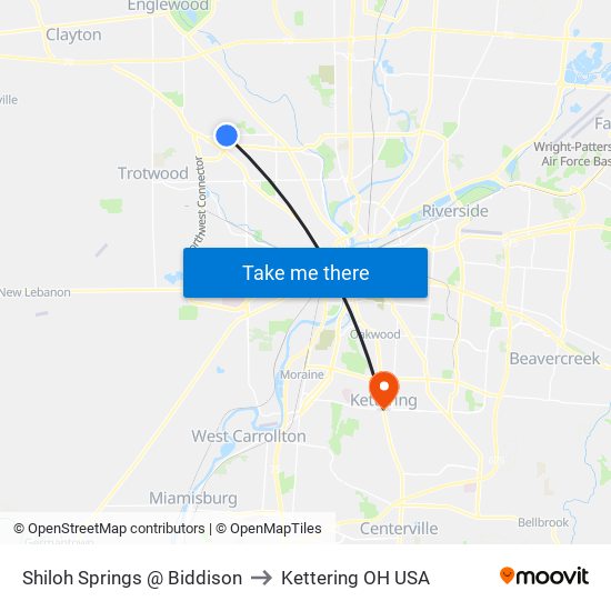 Shiloh Springs @ Biddison to Kettering OH USA map