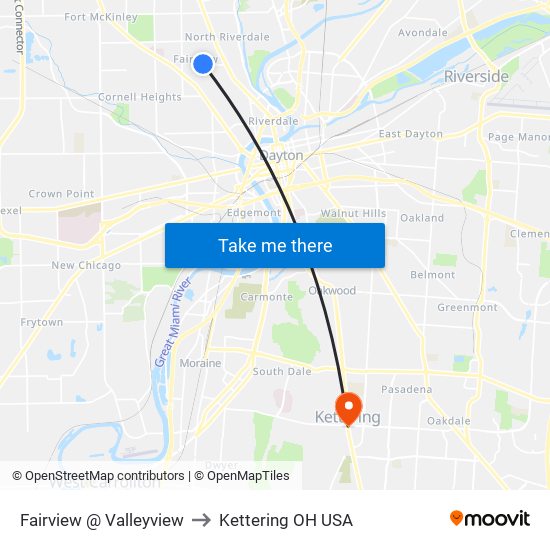 Fairview @ Valleyview to Kettering OH USA map