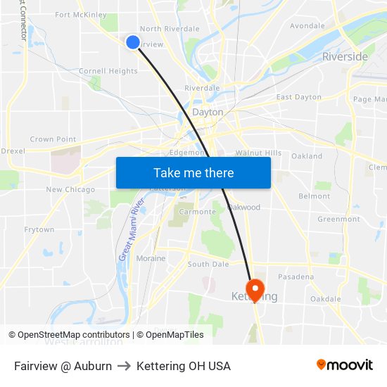 Fairview @ Auburn to Kettering OH USA map