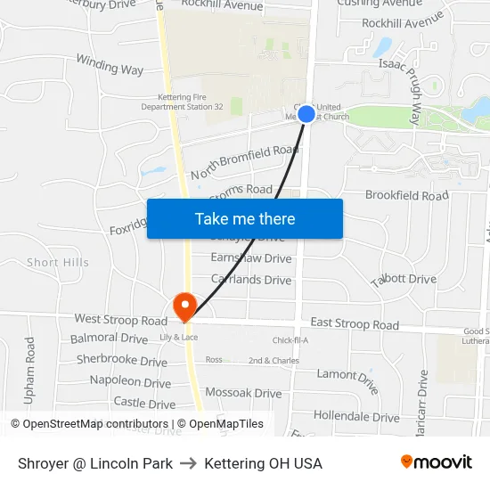Shroyer @ Lincoln Park to Kettering OH USA map