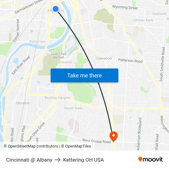 Cincinnati @ Albany to Kettering OH USA map