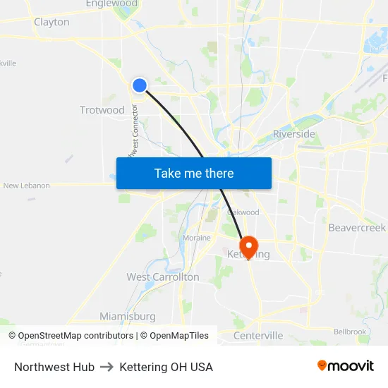 Northwest Hub to Kettering OH USA map