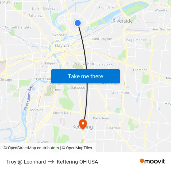Troy @ Leonhard to Kettering OH USA map