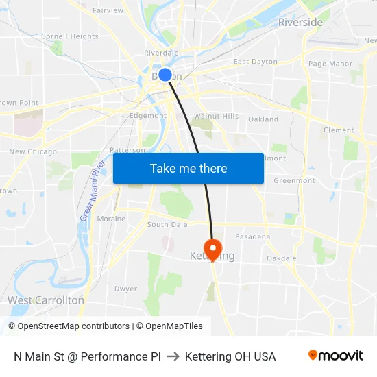 N Main St @ Performance Pl to Kettering OH USA map