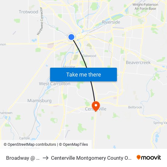 Broadway @ 1st to Centerville Montgomery County OH USA map