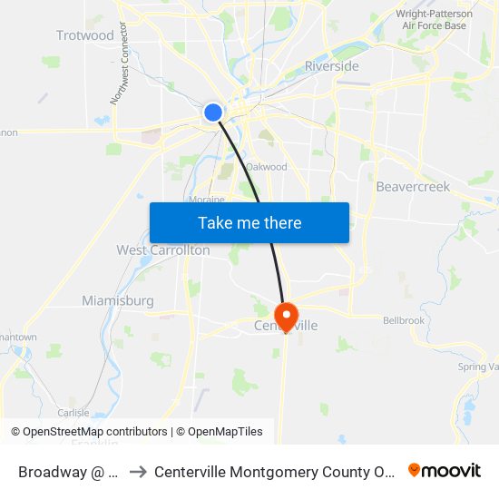 Broadway @ 2nd to Centerville Montgomery County OH USA map