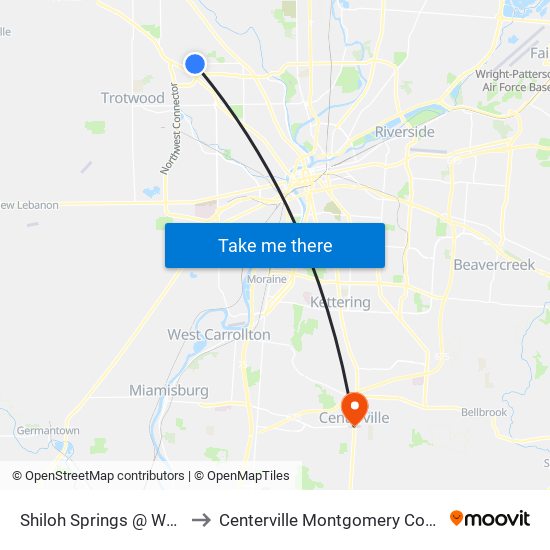 Shiloh Springs @ Weddington to Centerville Montgomery County OH USA map