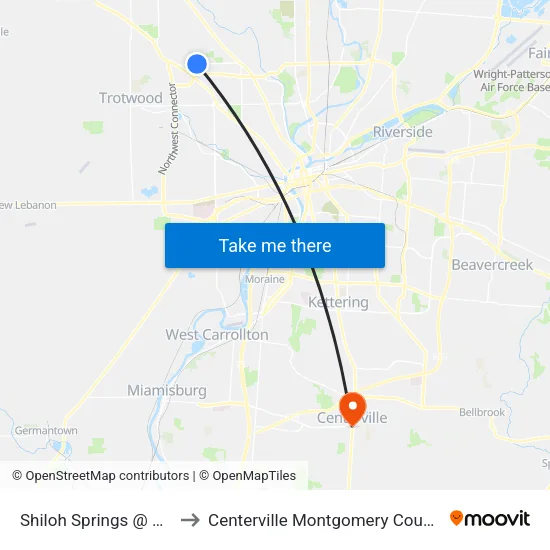 Shiloh Springs @ Biddison to Centerville Montgomery County OH USA map