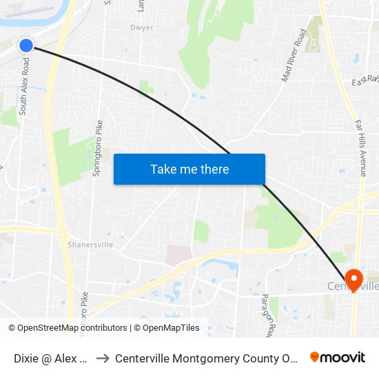Dixie @ Alex Bell to Centerville Montgomery County OH USA map