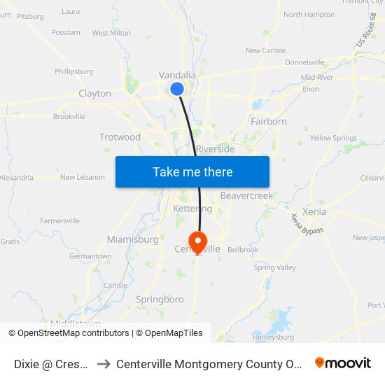 Dixie @ Cresthill to Centerville Montgomery County OH USA map