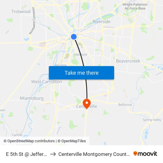 E 5th St @ Jefferson St to Centerville Montgomery County OH USA map