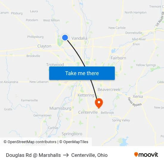Douglas Rd @ Marshalls to Centerville, Ohio map