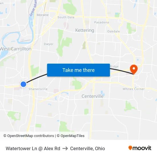 Watertower Ln @ Alex Rd to Centerville, Ohio map